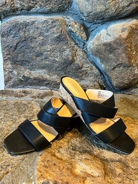 Liz Claiborne Black Crisscross Cork Wedge Sandals